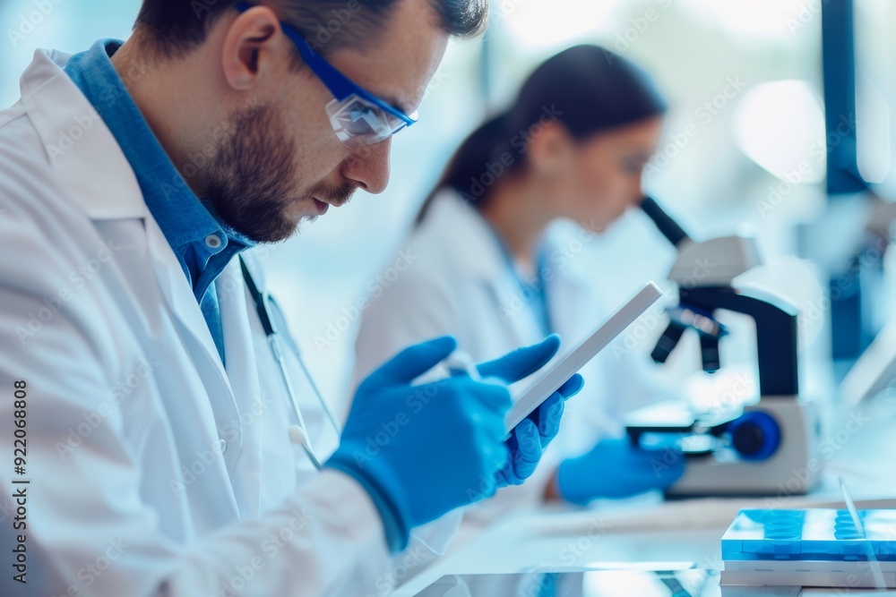 Scientist teamwork, tablet and analysis study in lab for pharmaceutical collaboration, research. Medical analysis, lab innovation, and device pharma collaboration Scientist teamwork, tablet and analysis study in lab for pharmaceutical collaboration, research. Medical analysis, lab innovation, and device pharma collaboration
