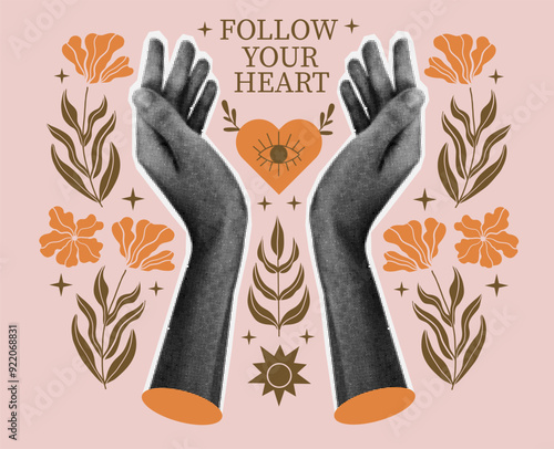 Banner with halftone hand and floral elements. Magic concept with motivational phrase. Mystic poster with flower. Follow your heart