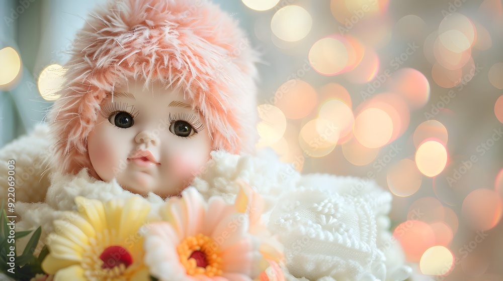 Fototapeta premium Baby cute fluffy doll flower and bokeh background, content space