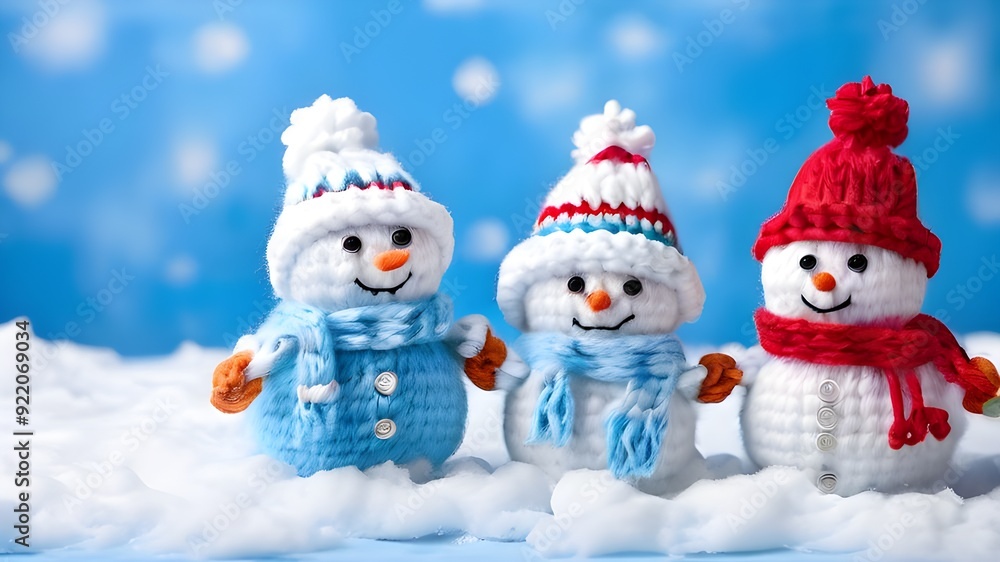 little knitted snowmans on soft snow on blue background, snowman on the snow little knitted snowmans on soft snow on blue background, snowman on the snow