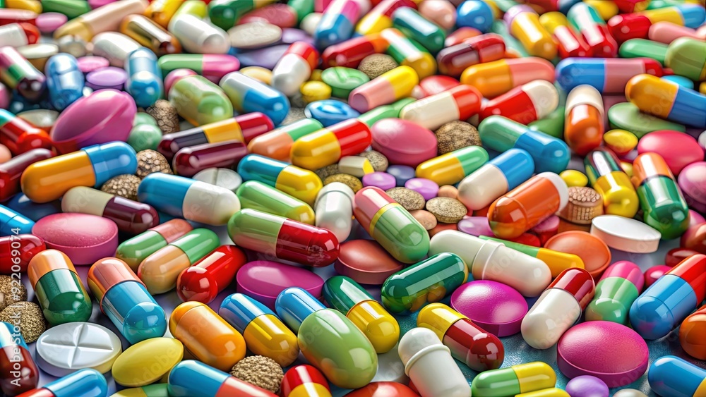 A bunch of colorful pills are scattered on a table A bunch of colorful pills are scattered on a table