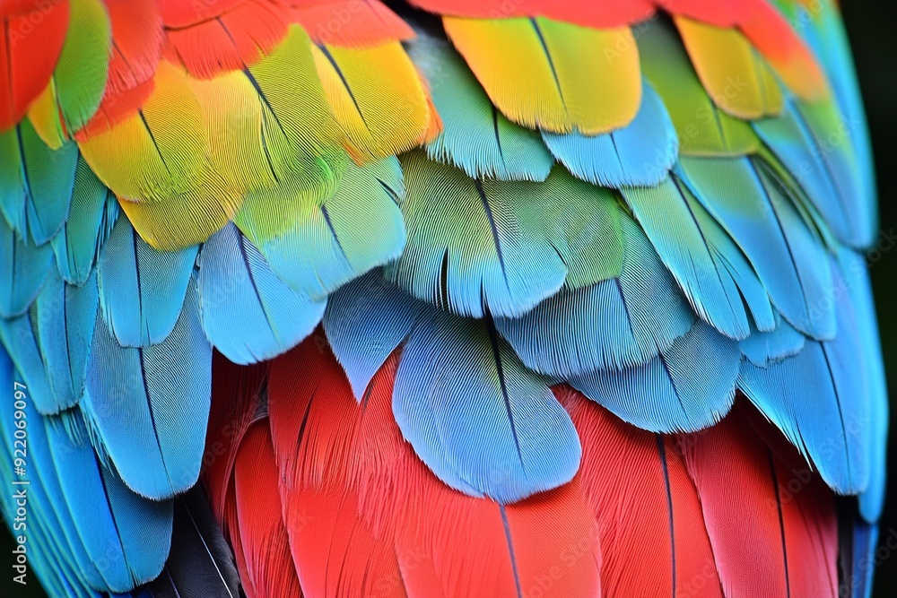 Fototapeta premium A close-up of a vibrant parrot's feathers, showcasing a spectrum of bright colors. 