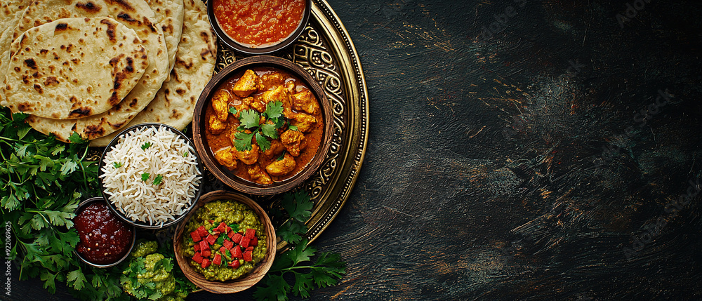 top-down view of a vibrant Indian feast, featuring butter chicken, basmati rice, naan bread, and a variety of colorful chutneys, all presented on a traditional Indian brass plate with fresh coriander top-down view of a vibrant Indian feast, featuring butter chicken, basmati rice, naan bread, and a variety of colorful chutneys, all presented on a traditional Indian brass plate with fresh coriander