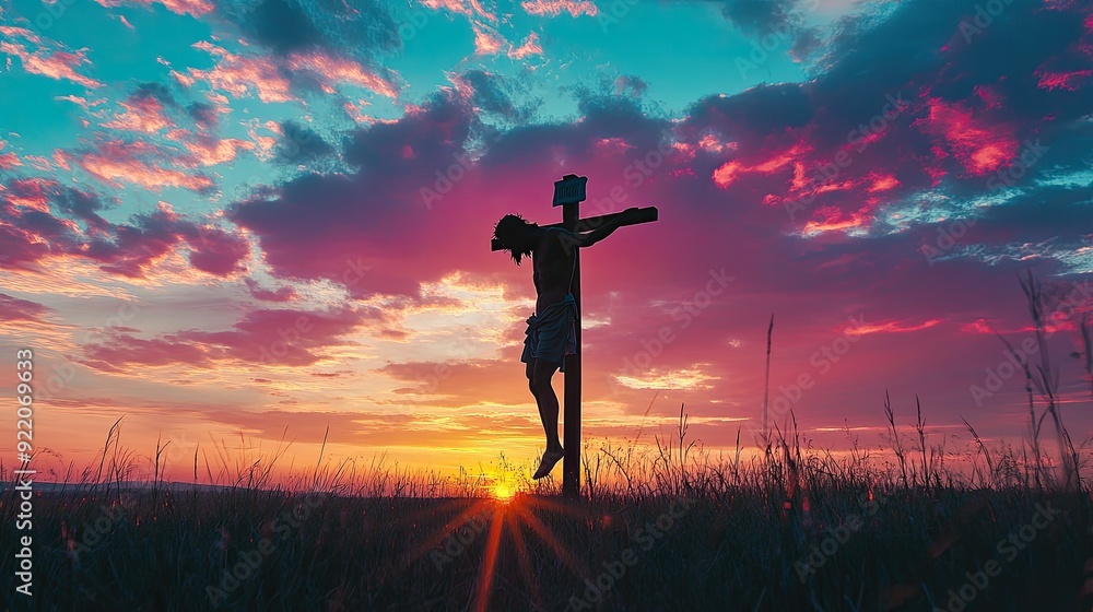 A silhouette of Jesus on the cross at sunset, with the sky ablaze in colors, symbolizing sacrifice and redemption. A silhouette of Jesus on the cross at sunset, with the sky ablaze in colors, symbolizing sacrifice and redemption.