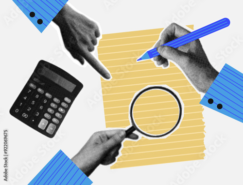 Halftone hand with calculator, magnifier, pen. The team looking for solution collage style. Business meeting.