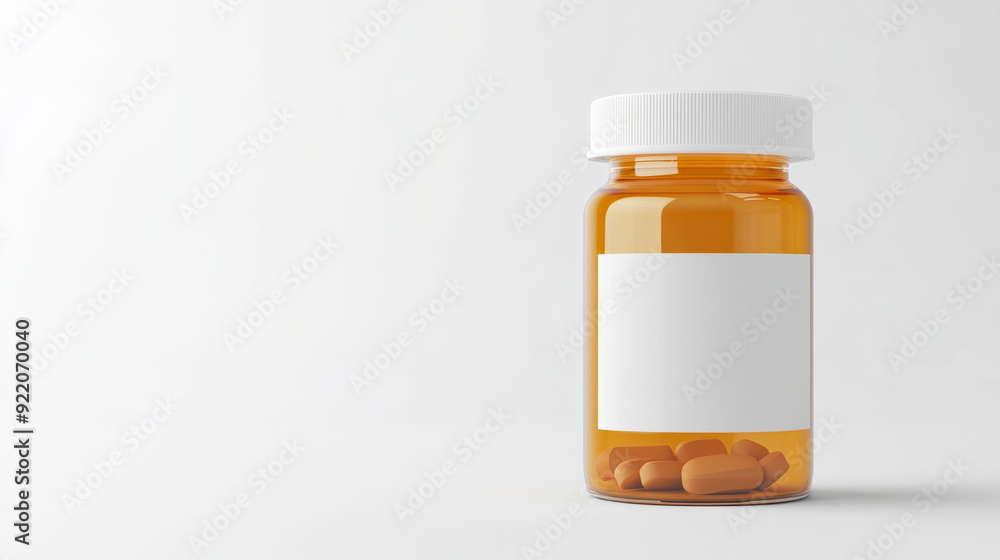 orange prescription pill bottle with a white cap, and a white blank label, behind a white background orange prescription pill bottle with a white cap, and a white blank label, behind a white background