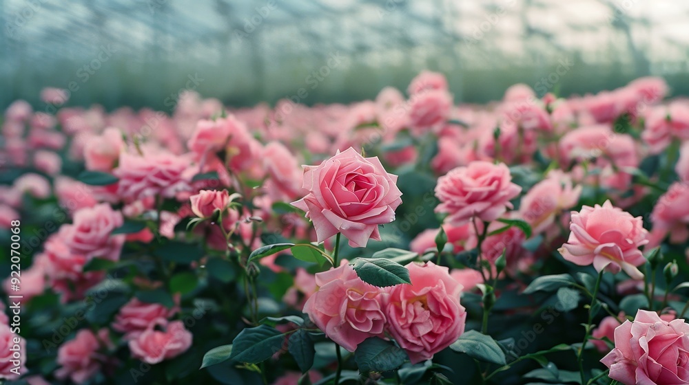 Fototapeta premium A field of pink roses in a greenhouse, symbolizing love, beauty, freshness, romance, and growth.