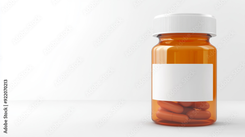 orange prescription pill bottle with a white cap, and a white blank label, behind a white background orange prescription pill bottle with a white cap, and a white blank label, behind a white background
