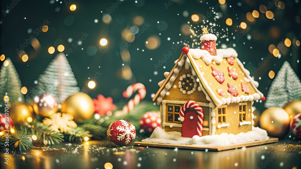 A gingerbread house is decorated with candy and surrounded by Christmas trees A gingerbread house is decorated with candy and surrounded by Christmas trees