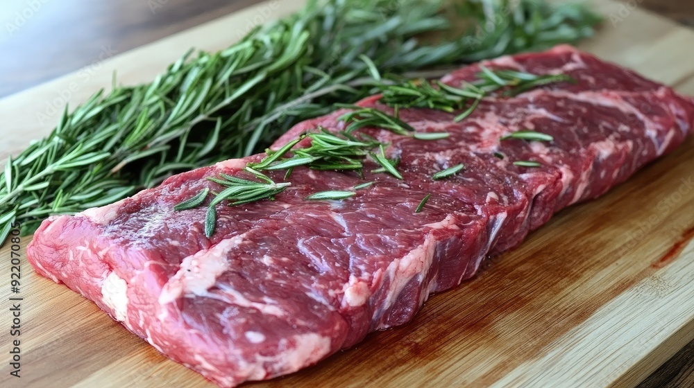 Fresh sirloin beef, uncooked and seasoned, laying on a cutting board, prepared for grilling with fresh herbs. Fresh sirloin beef, uncooked and seasoned, laying on a cutting board, prepared for grilling with fresh herbs.