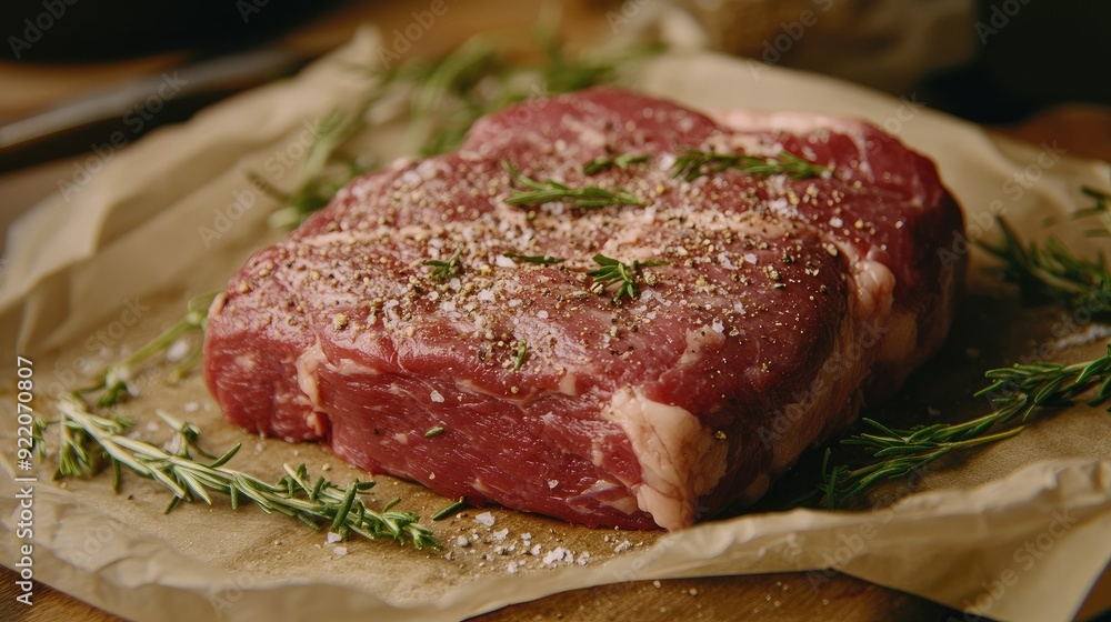 Fresh sirloin beef, uncooked and seasoned, laying on a cutting board, prepared for grilling with fresh herbs. Fresh sirloin beef, uncooked and seasoned, laying on a cutting board, prepared for grilling with fresh herbs.