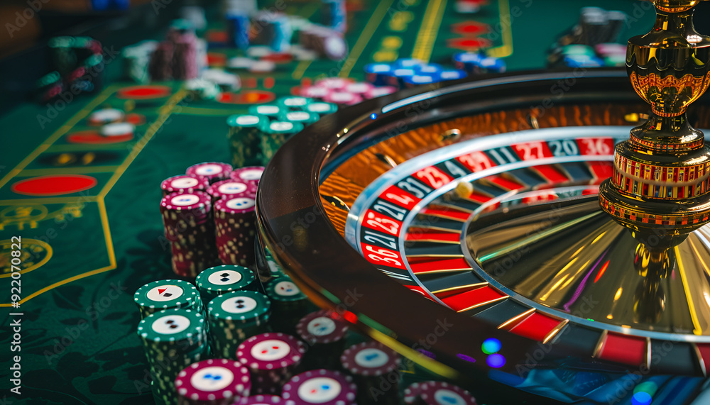 multicolored casino roulette table with poker chips on green table background multicolored casino roulette table with poker chips on green table background