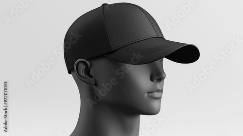 Mockup of a black baseball cap displayed on a mannequin head in a side view. The neutral background enhances the cap's details and structure, making it ideal for showcasing headwear designs.