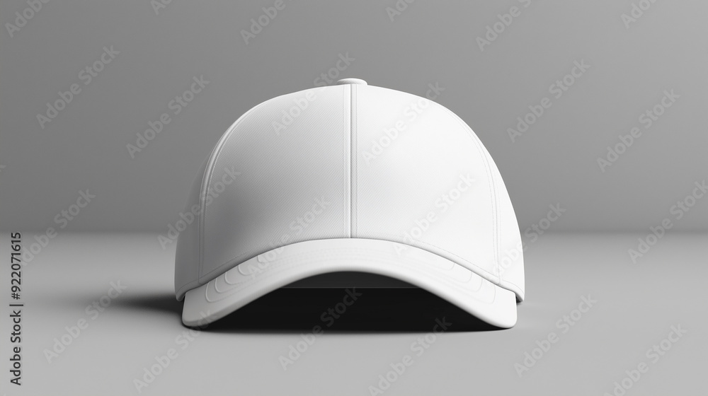 Mockup of a plain white baseball cap displayed front-facing on a gray background. The cap's structure, seams, and curvature are clearly visible, emphasizing its design and simplicity. Mockup of a plain white baseball cap displayed front-facing on a gray background. The cap's structure, seams, and curvature are clearly visible, emphasizing its design and simplicity.