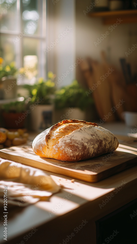 Homemade bread on a wooden board freshly baked in a cozy kitchen, warm and vibrant colors, natural light Homemade bread on a wooden board freshly baked in a cozy kitchen, warm and vibrant colors, natural light