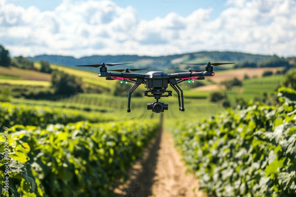 A drone monitors grape vines in a lush vineyard under a clear blue sky in the countryside during midday A drone monitors grape vines in a lush vineyard under a clear blue sky in the countryside during midday
