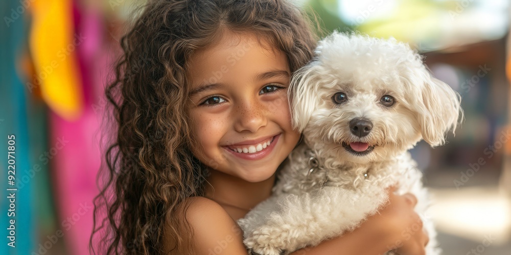 Joyful Girl Embracing Fluffy Dog in Sunny Outdoor Scene Joyful Girl Embracing Fluffy Dog in Sunny Outdoor Scene