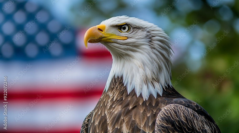 Fototapeta premium Bald Eagle in front of American Flag