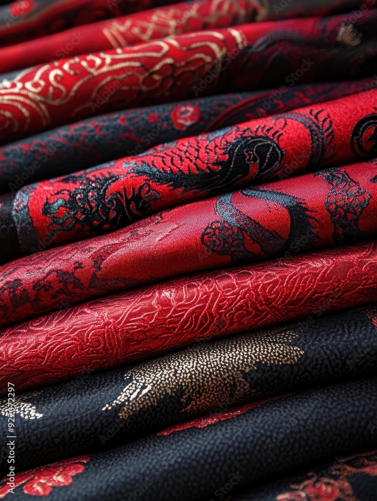 A stack of red and black brocade fabrics with intricate patterns, displayed in an antique shop. The colors contrast beautifully against the dark background. A stack of red and black brocade fabrics with intricate patterns, displayed in an antique shop. The colors contrast beautifully against the dark background.
