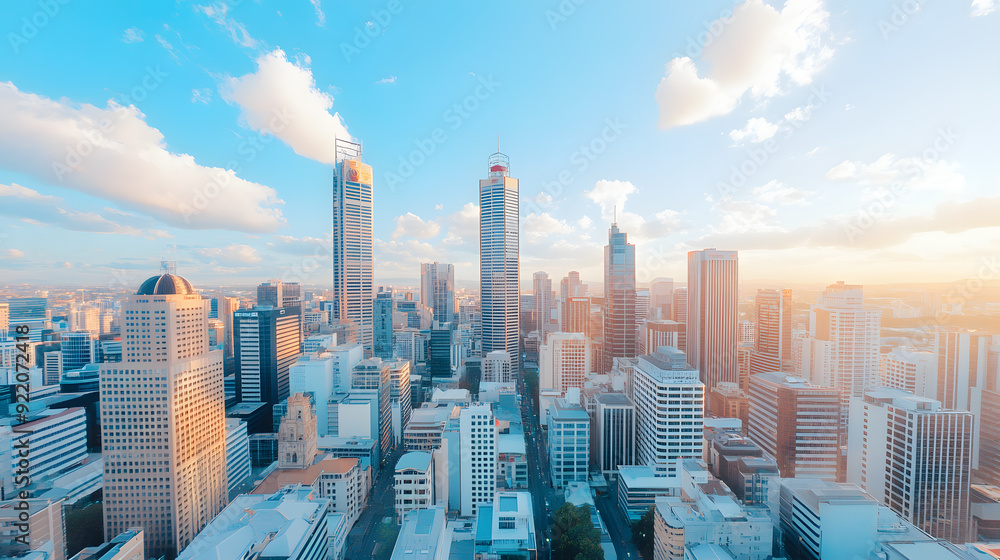 Fototapeta premium Aerial drone view of the vibrant cityscape at dawn, with towering skyscrapers and urban life. The soft light of the morning sun bathes the buildings, dynamic landscape for the beauty of metropolitan.