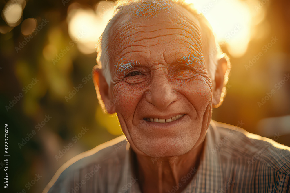 Close-up portrait of an elderly man with a warm smile at sunset Close-up portrait of an elderly man with a warm smile at sunset