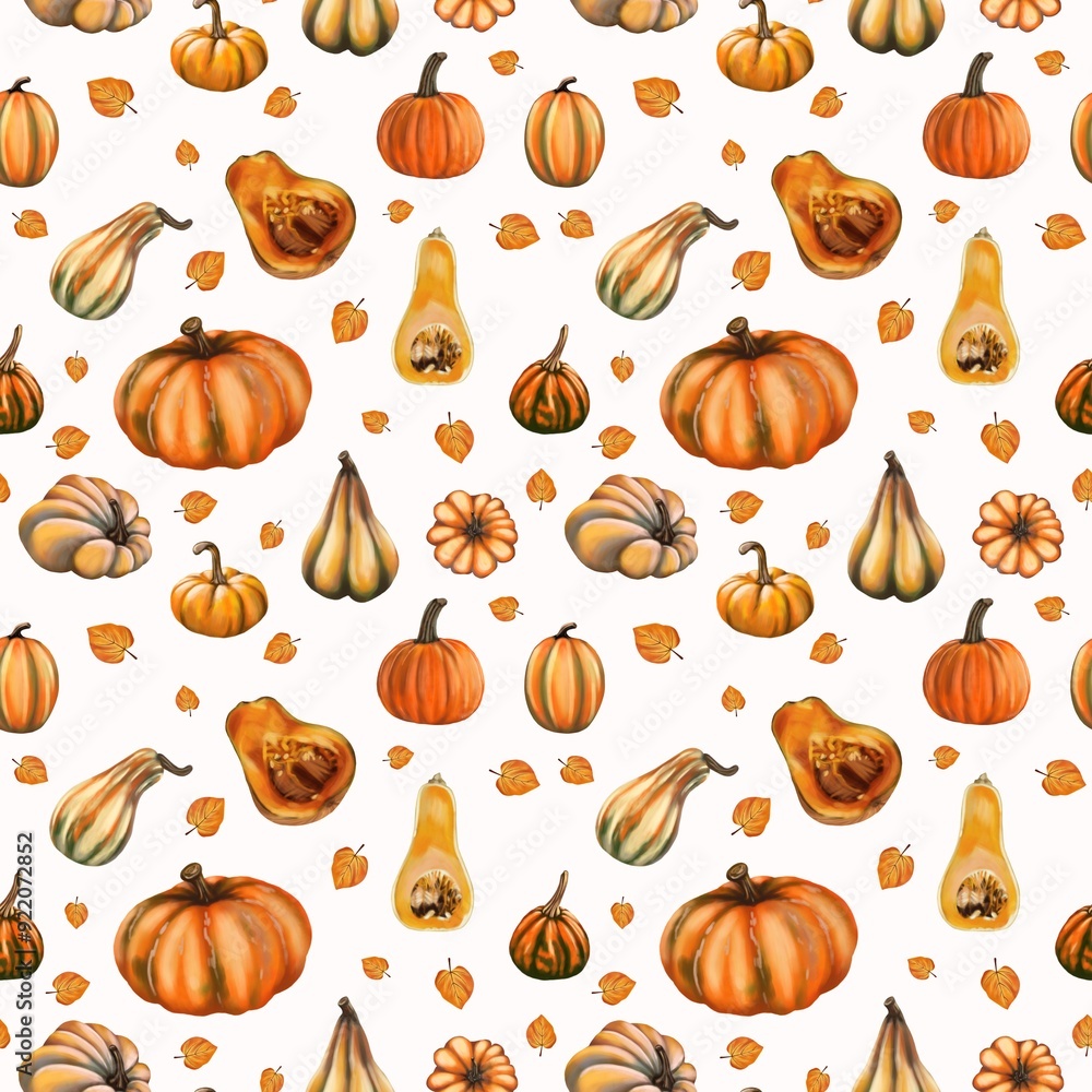Autumn decorative seamless pattern .Set of cute decorative pumpkins of various shapes and colors. Colorful collection of objects for Halloween, Thanksgiving, harvest and autumn season. Autumn decorative seamless pattern .Set of cute decorative pumpkins of various shapes and colors. Colorful collection of objects for Halloween, Thanksgiving, harvest and autumn season.