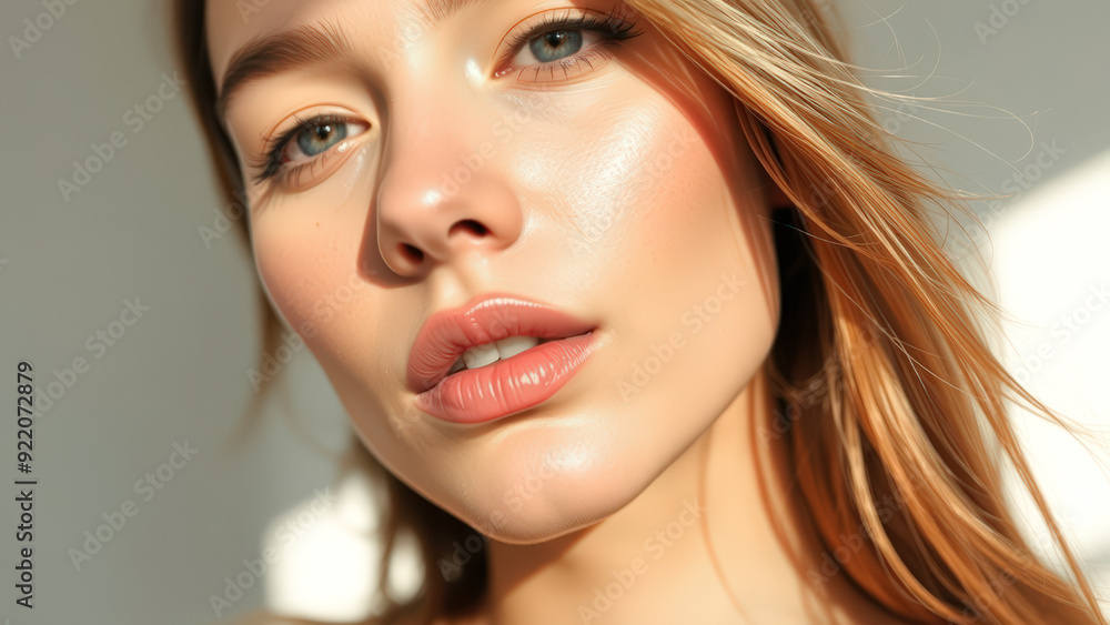 Close up portrait of beautiful woman with blue eyes and soft skin. Close up portrait of beautiful woman with blue eyes and soft skin.