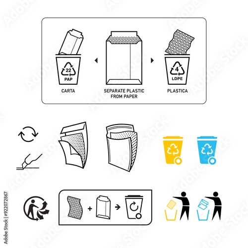 Instruction icon set for recycling padded envelopes and bubble mailers. Vector elements are made with high contrast, well suited to different scales. Ready for use in your design. EPS10.