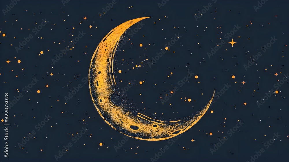 Naklejka premium Quiet Cosmos: Glowing New Moon and Stars in a Midnight Blue Background