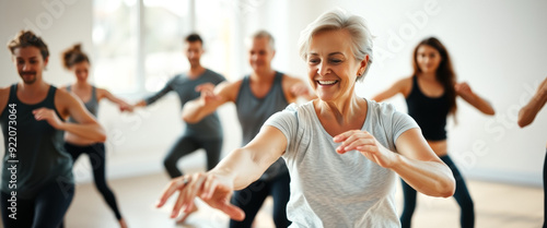 Senior woman smiling while dancing in a class with other people