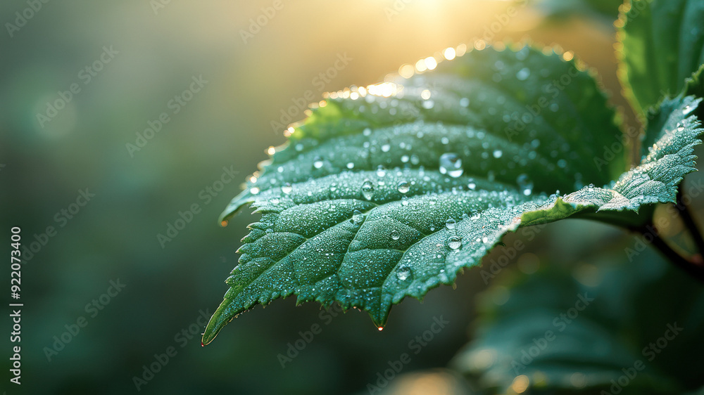 Dew Drops on a Green Leaf in the Morning Sun Dew Drops on a Green Leaf in the Morning Sun