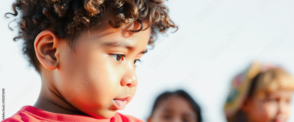 Obraz premium Close-up Portrait of a Young Boy with Curly Hair Looking Off to the Side
