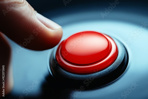 Pressing the big red button with a finger. photo