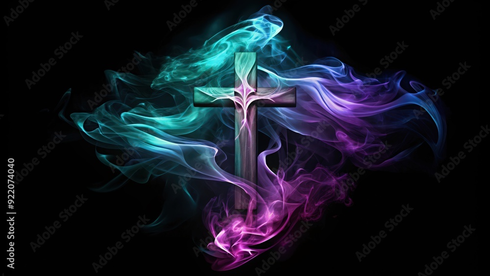Obraz premium Wooden Cross Surrounded by Multicolored Smoke