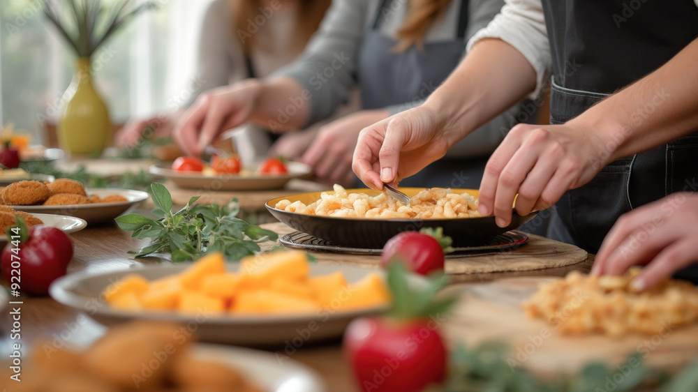 Close-up of hands preparing food on a wooden table Close-up of hands preparing food on a wooden table