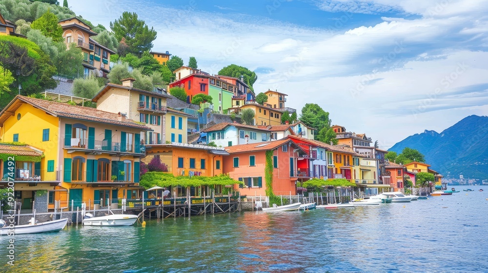 A picturesque Italian village with brightly colored houses lining the shore of a tranquil lake. Boats are moored in the water A picturesque Italian village with brightly colored houses lining the shore of a tranquil lake. Boats are moored in the water