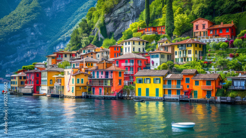 A picturesque Italian village with colorful houses nestled along a lake, surrounded by lush greenery and overlooking majestic mountains.