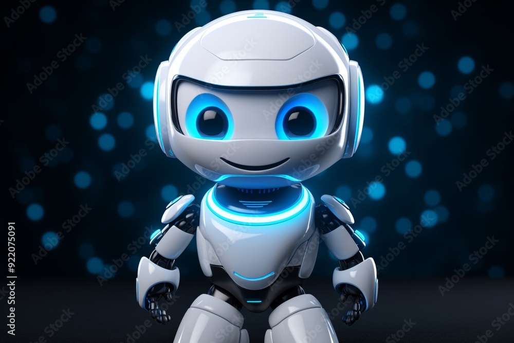 A smiling cyborg android, depicted as a happy little white robot, exudes a futuristic charm. A smiling cyborg android, depicted as a happy little white robot, exudes a futuristic charm.