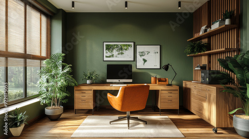 Serene, biophilic office with natural wood, green walls, well indoor decoration, house design