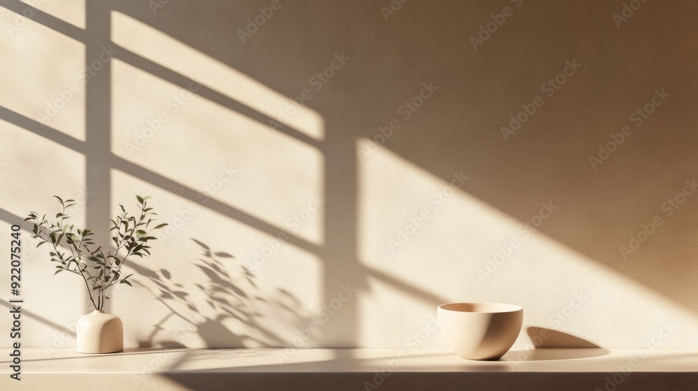 Fototapeta premium A white vase with a plant in it sits on a shelf next to a white bowl