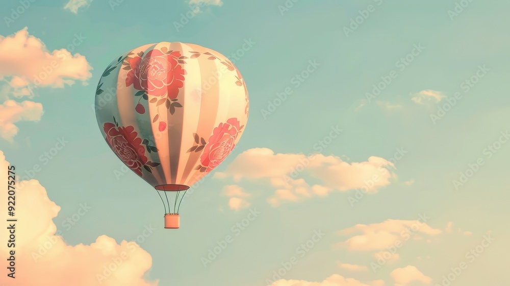 Fototapeta premium A serene hot air balloon glides through a pastel sky, surrounded by fluffy clouds, capturing the essence of adventure and tranquility.