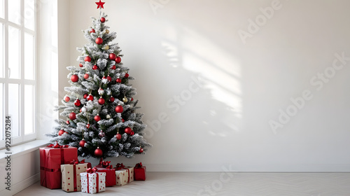 A big Christmas tree with lots of wrapped presents on a sunny morning while shadows are falling in the room