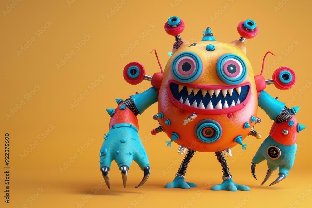 Quirky 3D monster character with a hybrid design of organic and mechanical elements, featuring bold colors, multiple eyes or limbs, and a mischievous grin. Quirky 3D monster character with a hybrid design of organic and mechanical elements, featuring bold colors, multiple eyes or limbs, and a mischievous grin.