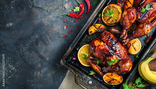 Traditional barbecue spatchcocked chicken al mattone chili with orange, pineapple and banana slices served as top view on an old rustic metal tray photo