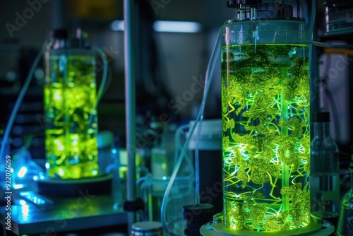 A bioluminescent algae bioreactor with glowing green liquid, showcasing organic growth patterns and bioinspired architecture.