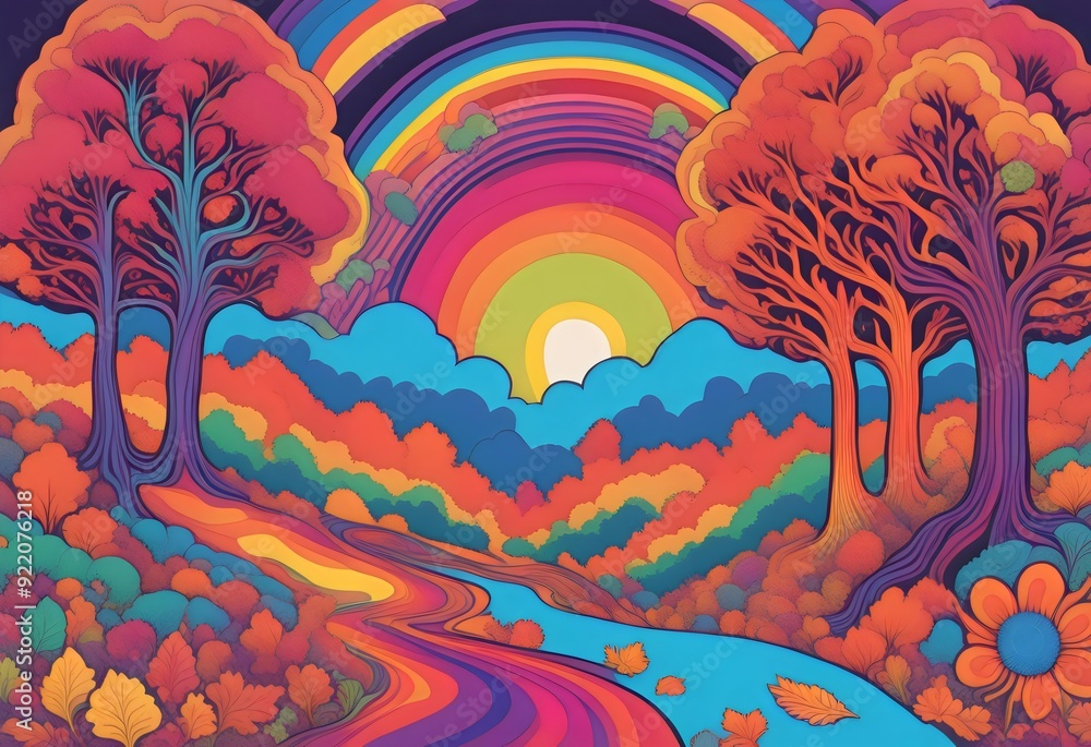 Fototapeta premium Enchanting Psychedelic Autumn Landscape Art - Perfect for Seasonal Decor, Nature Art, and Whimsical Wall Art