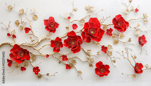 Fototapeta Naklejka Na Ścianę i Meble -  3D flowers on tree wall