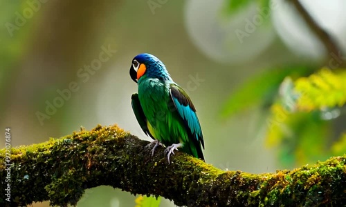 A strikingly beautiful bird with vibrant, intense colours and unique patterns resting on a moss covered branch.
 photo