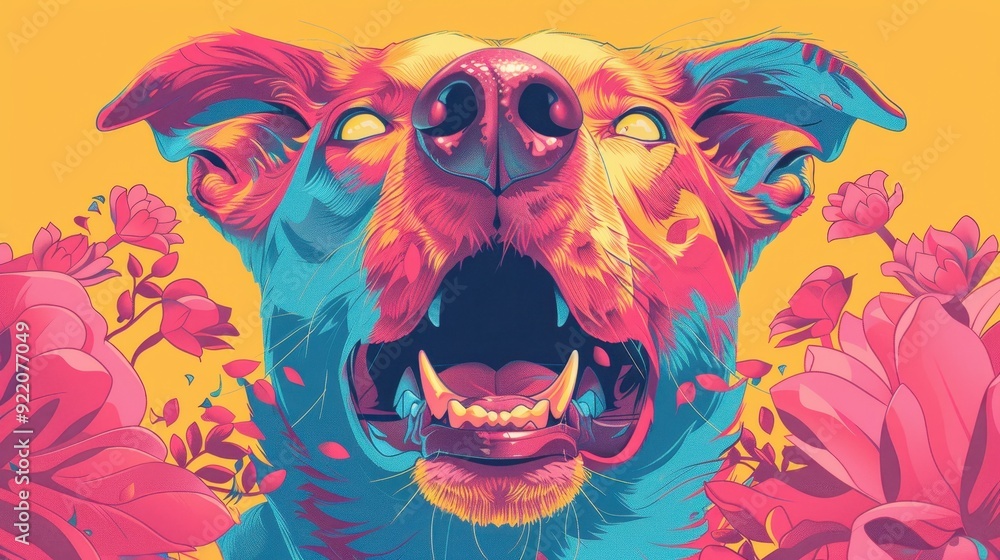 Vibrant digital illustration of a joyful dog with a colorful background of flowers, capturing the essence of happiness and playfulness. Vibrant digital illustration of a joyful dog with a colorful background of flowers, capturing the essence of happiness and playfulness.