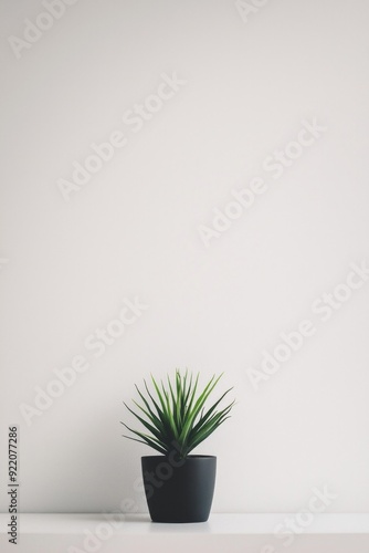 A minimalist workspace with a single, vibrant green plant against a white wall. 